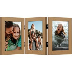 Americanflat Hinged 3 Picture Frame 5x7 with Shatter-Resistant Glass - Signature Collection - Foldable Picture Frame for Tabletop Display - Dark Oak