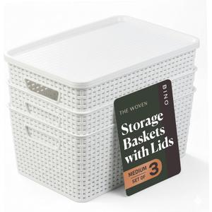 BINO | Plastic Storage Baskets with Lids, 15.5 Liter - 3 Pack, White | THE WOVEN COLLECTION | Storage Basket for Shelves Woven Storage Baskets for Organizing Bins Pantry Shelf Organizer Container Bin