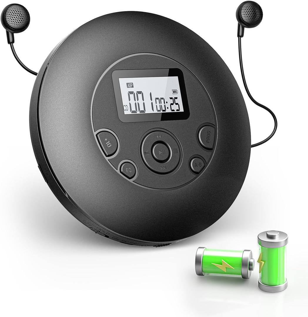 Portable CD Player with Headphones, Rechargeable Discman CD Player for Car & Home, Small CD Players Portable with 60s Anti-Skip, Supports CD/MP3/WMA/TF Card/AUX, Backlit/Lock/Programmable/Timer