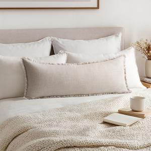 MIULEE Decorative Throw Pillow Covers Neutral Linen Fringe Throw Pillows Set of 1 Natural Beige Boho Farmhouse Cushion Covers for Couch Sofa Bed Living Room Spring Home Decor 14x36 Inch