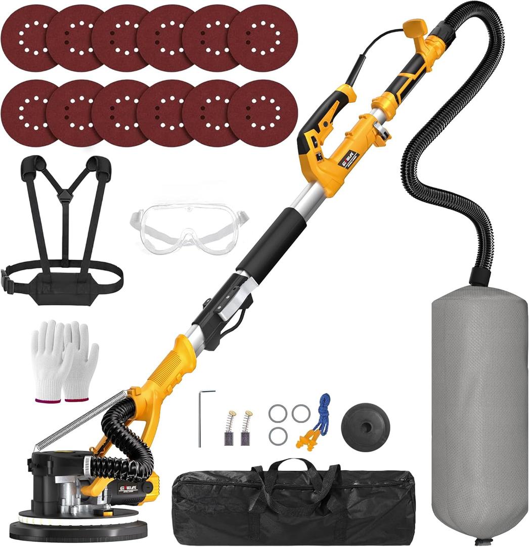 GEVEELIFE Drywall Sander, 880W 7.33A Electric Drywall Sander with Vacuum Dust Collector, 5 Variable Speed 1000-2100RPM, LED Light, Foldable & Extendable Handle, 12 Sanding Discs (Orange)
