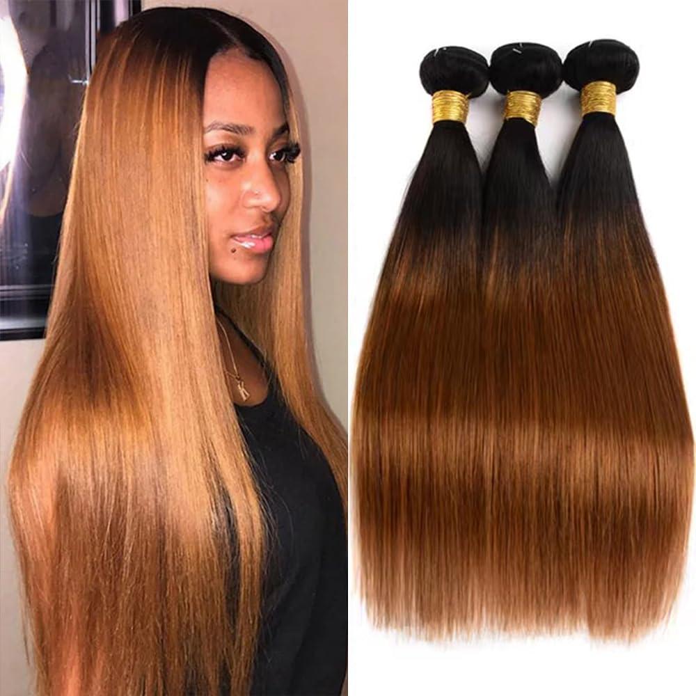 1B/30 Straight Brown Bundles Human Hair Brazilian Brown Remy Hair Extensions Black Brown Ombre Hair Weave Extensions for Black Women 18 20 22 Inch