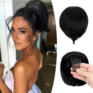 Wodelanle Hair Bun Hair Piece Short Ponytail Extension Drawstring Straight Hair Buns with Comb Bun Updo Fake Hair Piece for Women Fake Pony(Dark Black) 28"