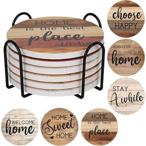 Coasters for Drinks Absorbent with Holder, 8 Pcs Ceramic Rustic Farmhouse Drink Coasters for Coffee Table Tabletop Protection, Housewarming Gift New Home Decor