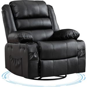 Rocking Recliner Chair for Adults Wide 360 Swivel Rocker Recliner with Cup Holder Nursery Glider with Upholstered Deep Seat PU Leather Comfy Single Sofa for Living Room Black