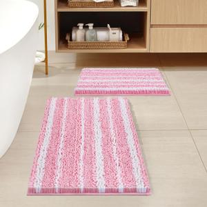 HOMEIDEAS Bathroom Rugs Sets 2 Piece, Cationic Dyed Chenille Extra Soft and Absorbent Non Slip Machine Washable Bath Mats (32"x20"+24"x17", Pink)