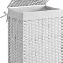 SONGMICS Laundry Hamper with Lid, 23.8 Gallon (90 L) Synthetic Rattan Clothes Laundry Basket with Lid and Handles, Foldable, Removable Liner, Cloud White ULCB51WT