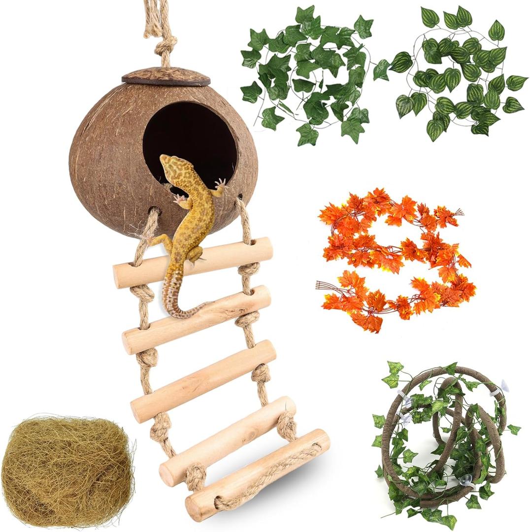 HERCOCCI Gecko Tank Accessories, Coconut Shell Ladder Hideout Hole Reptile Climbing Vine Habitat Decor with 3 Pieces Colorful Plastic Plants for Chameleon Lizard Snake Hermit Crab Leopard Gecko