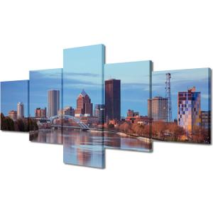 5 Pieces Canvas Art Wall Decor Rochester New York Skyline Bedroom Wall Art Pictures for Living Room USA Downtown Cityscape Wall Painting Modern Wall Art Stretched and Framed Ready to Hang 50"Wx24"H