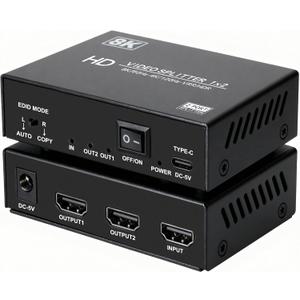 8K HDMI Splitter 1 in 2 Out 4k@120Hz 1x2 hdmi 2.1 Splitter for Dual Monitors (Not Extend) Support 8k@60Hz,4:4:4,48 Gbps,EDID,Auto Down Scaler, HDCP 2.3, VRR, HDR10+ for PS5Laptop,HDTV,Projector