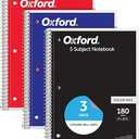 Oxford Spiral Notebooks, 3 Pack, 5 Subject, College Ruled Notebooks for School, 8 x 10.5 Inches, 180 Sheets, 4 Dividers, Assorted Colors, Back to School Supplies (65203)