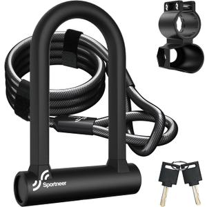 Sportneer Bike Lock: Heavy Duty Anti Theft Bike U Lock with 5ft Security Steel Cable - 17mm Shackle Bicycle U-Locks with Keys & Sturdy Mounting Bracket for Road, Mountain, Electric & Folding Bike (Black)