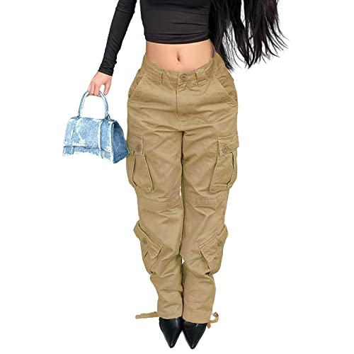 High Waisted Baggy Cargo Jeans for Women Y2K Wide Leg Loose Boyfriend Streetwear Trousers with Pockets Harajuku Grunge X-Large Khaki
