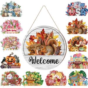13PCS Interchangeable Seasonal Welcome Sign for Front Door, 12 Inch Rustic Round Wood Door Decorations Hanging Outdoor, Farmhouse Home Wall Porch Signs for Spring Summer Fall Christmas All Seasons