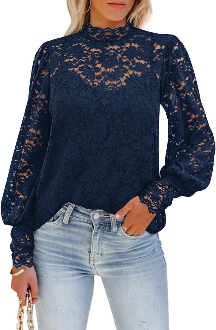 DOROSE Womens Tops and Blouses Dressy Casual Lace Floral Long Sleeve Shirts (X-Large, B05- Dark Blue)