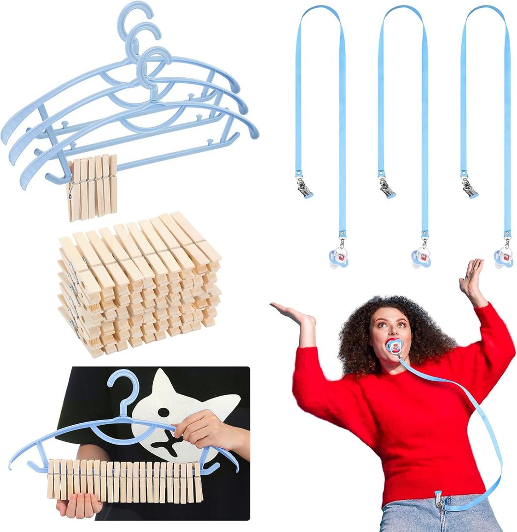 Threehoney 6 Sets Baby Shower Games Pacifiers Necklace and One Handed Wooden Clamp Hanger Game Bridal Shower for Gender Reveal Party Favors Funny Activities Parties(Blue)