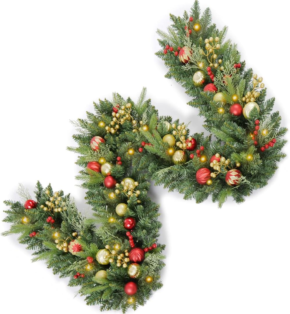 9FT Artificial Christmas Prelit Garland with 50 White Light, Pulg in, Pine Cones, Gold and Red Ball, Red Berris Mantle for Indoor Holiday Door Home Decorations Stairs Fireplaces Wall