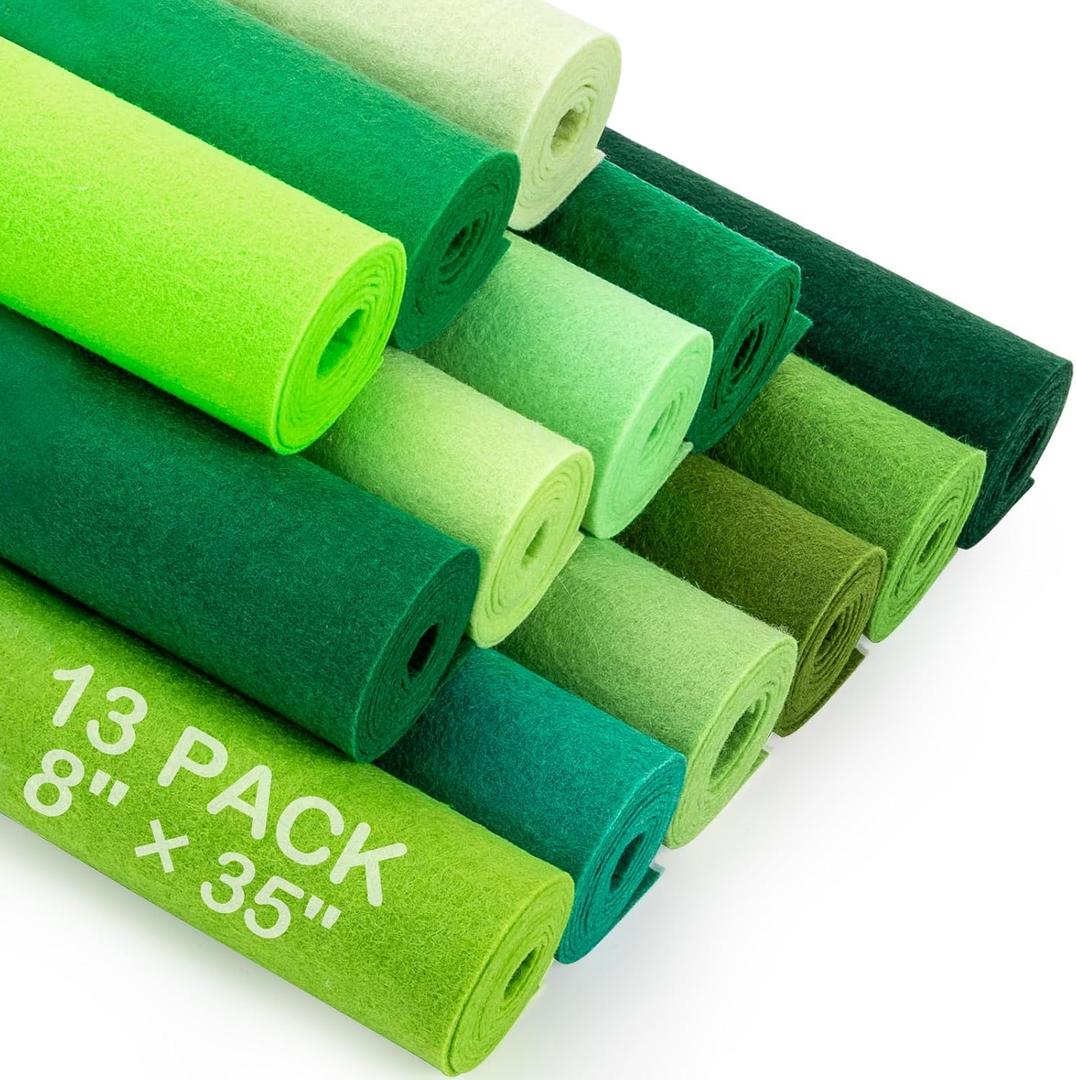 13 Pcs 8"x35" Large Stiff Felt Fabric Sheets, 1.2mm Thick Nonwoven Felt for DIY Crafts, Patchwork, Sewing & Home Decoration Projects (Green Themed Colorful Series)