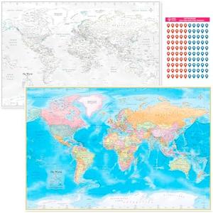 NOWMAP AquaShield Double-Sided World Map Waterproof Poster 24h x 36w Large Wall Decor - Folded with (Pin Stickers)