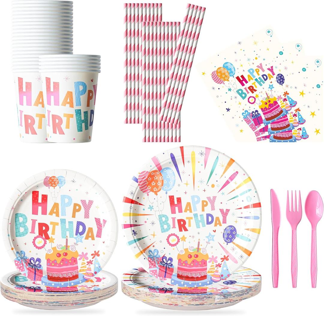 200 Pcs Confetti Birthday Party Tableware Set, Party Table Colorful Decorations Supplies Include 7 Inch and 9 Inch Paper Plates, Napkins Cups and Forks Spoons for 25 Guests
