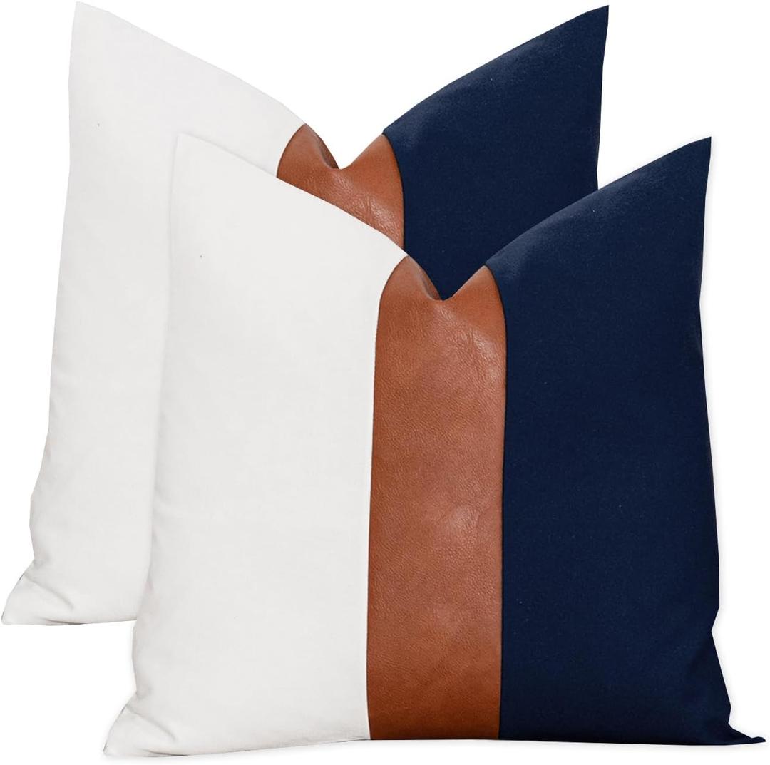 22 x22 Navy Blue Decorative Throw Pillow Covers Farmhouse Accent Pillowcase for Sofa Couch Car Bedroom Living Room Modern Faux Leather Cushion Cover,Navy Blue