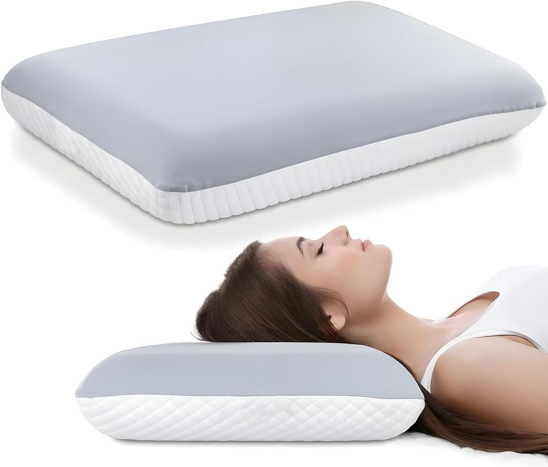 Memory Foam Pillow Queen Size, Cooling Bed Pillow for Sleeping  Medium Firm Neck & Shoulder Support, Slow-Rebound Comfort, Double-Sided All-Season Design, Washable Cover (White & Gray) (Standard)