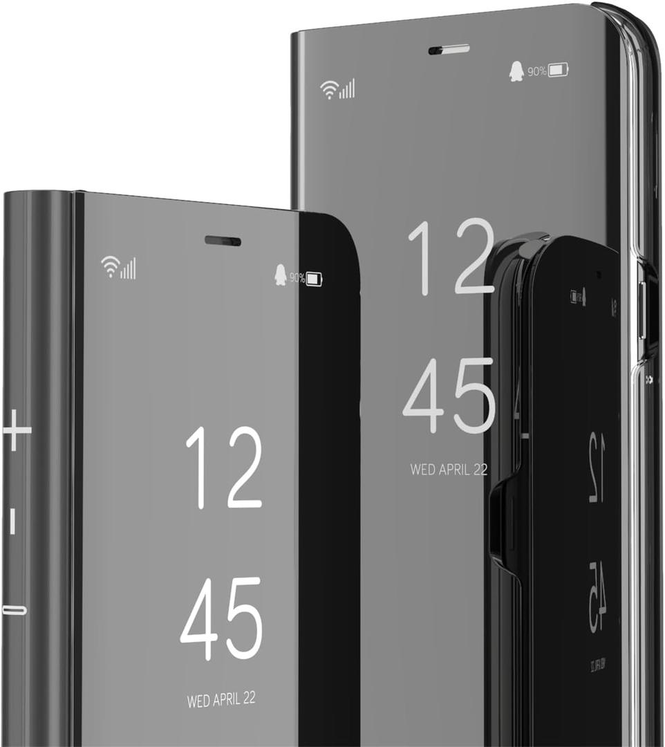 LEMAXELERS Case for iPhone 15 Pro Max - Slim Mirror Design Clear View Flip Bookstyle Ultra Slim Protective Case with Kickstand - Black