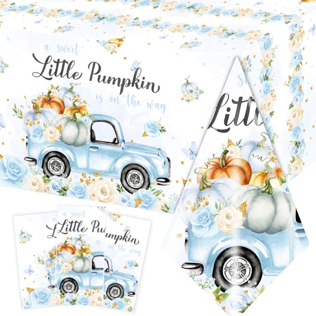 GREHUMOR Little Pumpkin Baby Shower Tablecloth a Sweet Little Pumpkin is on The Way Theme Blue Floral Truck Table Cover Plastic Disposable for Autumn Thanksgiving Baby Shower Party Decoration