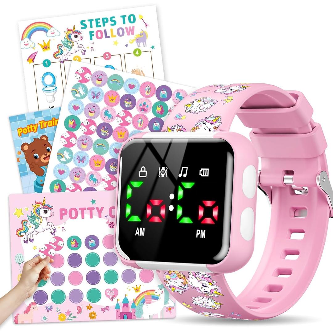 Potty Training Watch & Chart for Toddler Girls: Adjustable Volume Potty Watches for Kids Unicorn Potty Training Chart with Reward Stickers Toilet Training Tools Gifts for Girl (Pink)