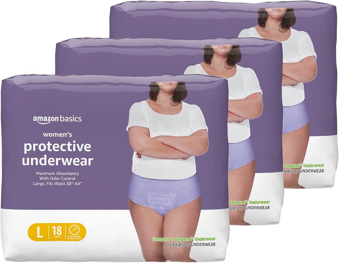 Amazon Basics Incontinence Underwear for Women, Protective, Disposable, Postpartum, Maximum Absorbency, Large, Lavender, 54 Count (3 Packs of 18)