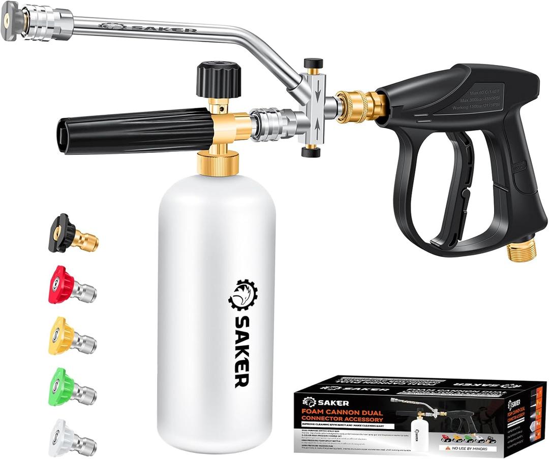 Saker Foam Cannon Dual Connector Accessory for Pressure Washer Kit,with Foam Cannon Dual Connector,Pressure Washer Gun for Car Washing and Cleaning,5 Power Washer Sprayer Nozzles (Four-Piece Set)