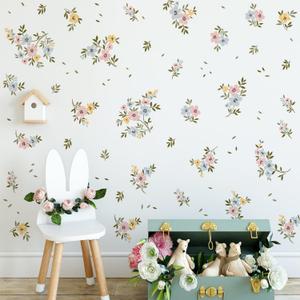 Watercolor Flower Wall Decals Boho Colorful Floral Wall Stickers Green Leaves Wall Art Removable Spring Wildflower Garden Plants Peel and Stick Wallpaper for Kids Girls Bedroom Background Decor 1237
