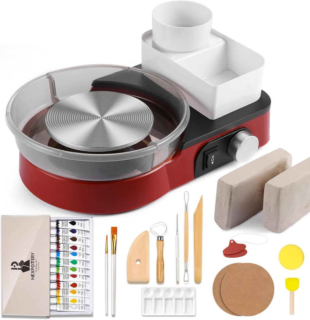 Pottery Wheel for Kids Adults and Beginners - Complete Pottery Set with 6" Turntable with Two-Way Rotation, 2.2lb Clay, Art Supplies Sculpting Tools, Craft Gifts for Teens Adults (Red)