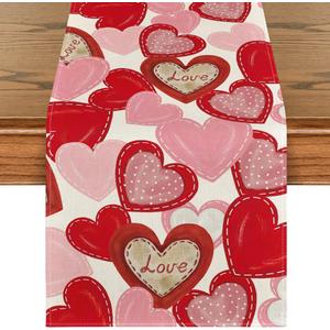 Artoid Mode White Pink Love Heart Valentine's Table Runner, HoliAnniversary Kitchen Dining Table Decoration for Home Party Decor 13x90 Inch