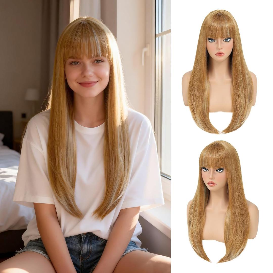 Honey Blonde Wig with Bangs for Women Long Straight Wig for Grils Heat Resistant Synthetic Wig Blonde Hair Wigs for Daily Party Halloween Cosplay Wig 24inch