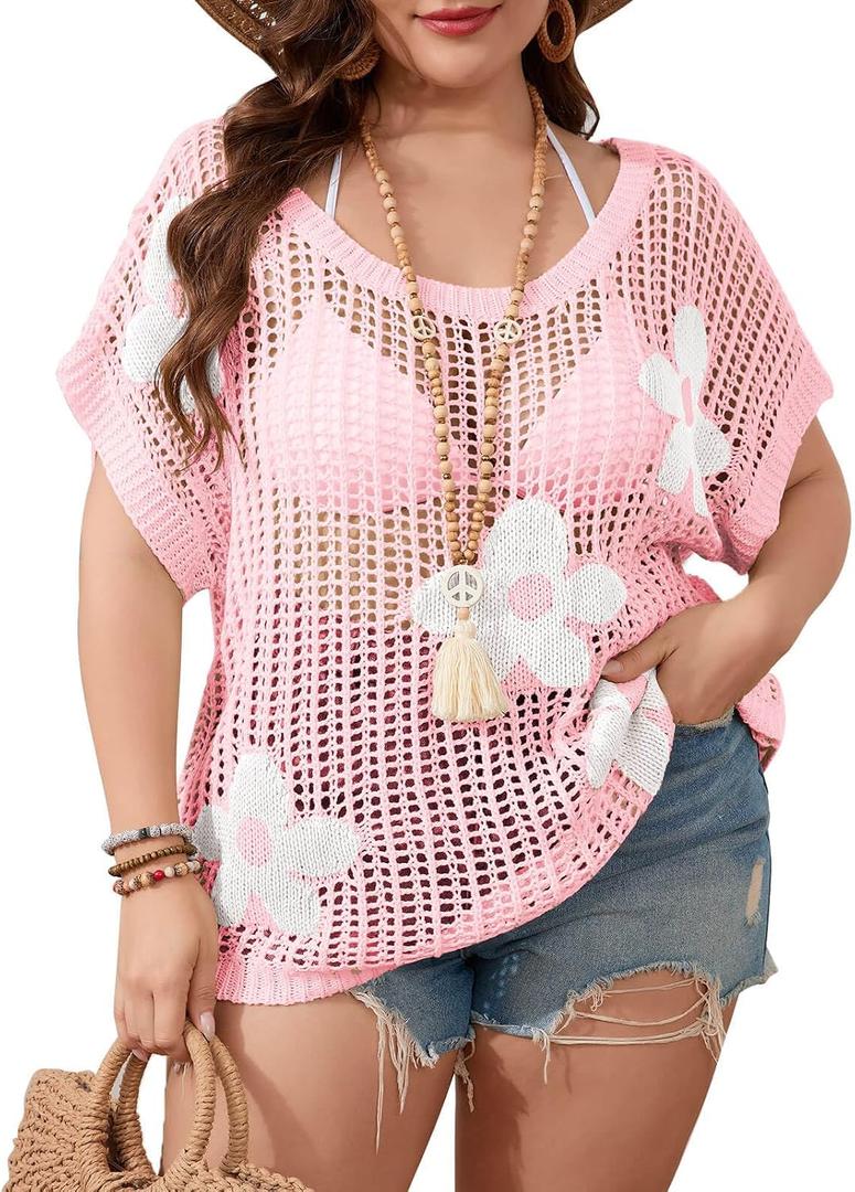 Alsol Lamesa Women's Plus Size Crochet Tops Short Sleeve Hollow Out Loose Scoop Neck Beach Crochet Cover Up (Pink, XXXL)