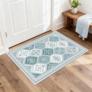 2x3 Washable Entryway Rugs, Soft Non-Slip Boho Moroccan Rug, Low-Pile Printed Indoor Teal Throw Rugs for Entrance, Kitchen, Bedroom Bedside- Teal