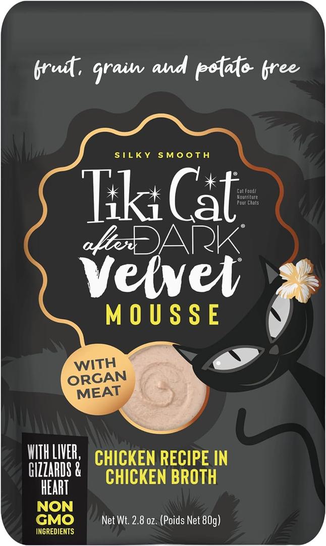 Tiki Cat After Dark, Velvet Mousse, Chicken Recipe in Chicken Broth, Grain & Potato Free Formula, with High Protein & Nutrient Dense Blended Irresistible Organ Meat, 2.8 oz. Pouch (12 Count)