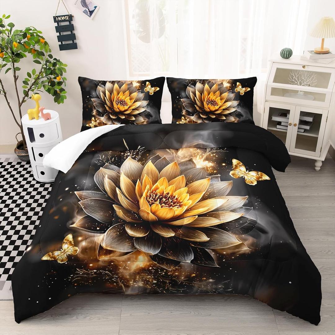 AILONEN Black and Gold Flower Bedding Set Queen Size,Beautiful Butterfly Botanical Printed Girls Duvet Set 3Pcs,Smoke Fog Floral Comforter with 2 Pillowcases