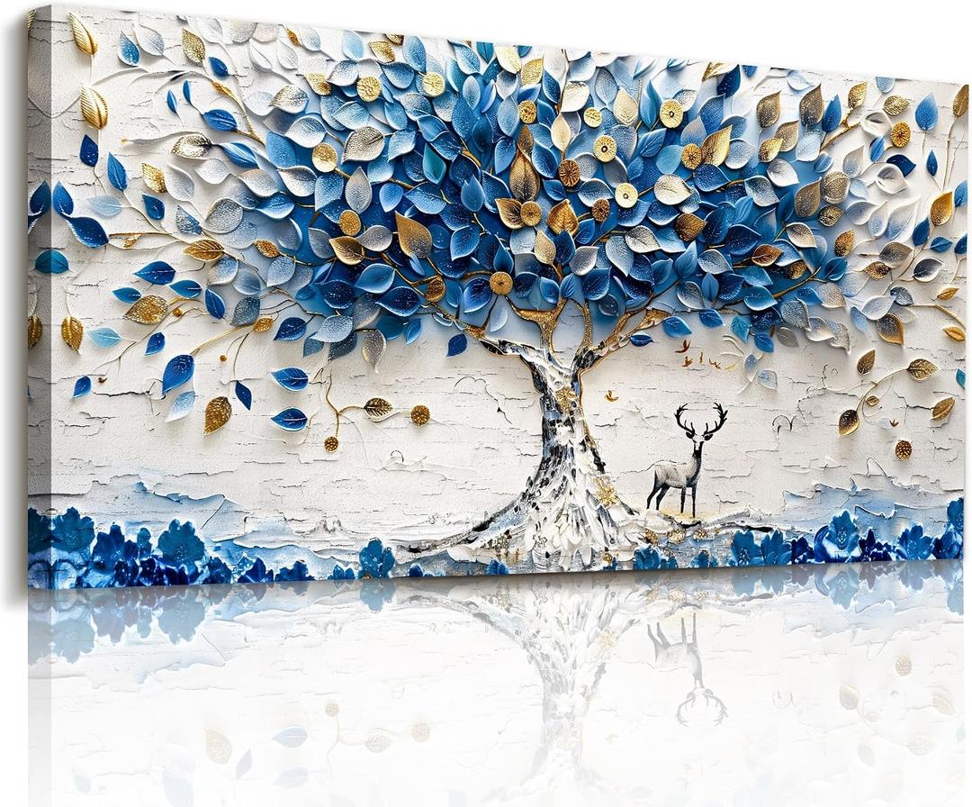 imjiayu Oversized Blue Tree Wall Art, Abstract Deer Canvas, Modern Nature, 57"L x 29"W