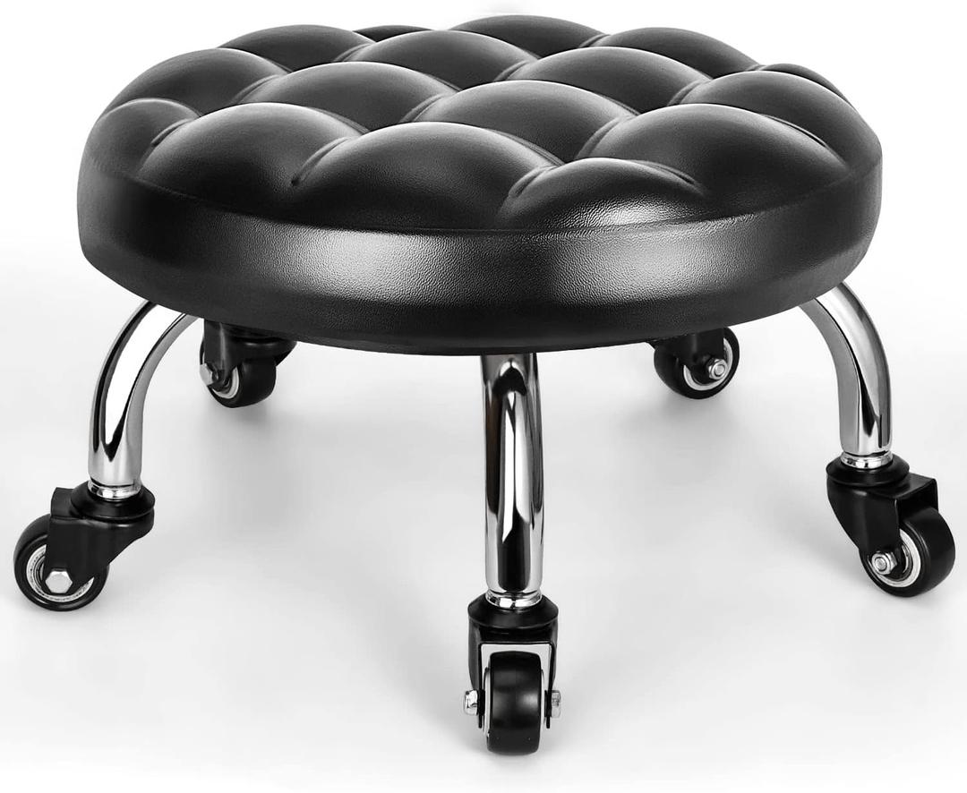 FLOLXNB Low Rolling Stool, Low Stool with Wheels, PU Leather Low Roller Seat Chair, Rolling Seat Stool for Home Office Garage Shop (Style 1)