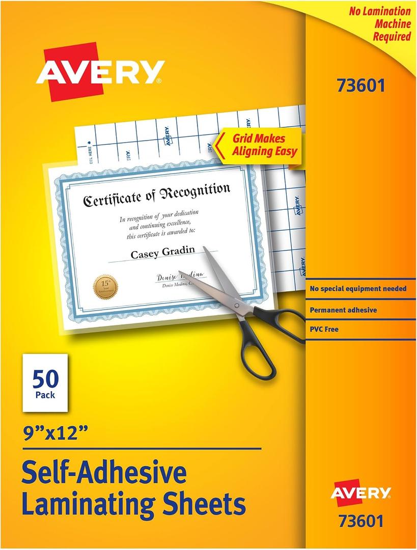 Avery Clear Laminating Sheets, 9" x 12", Permanent Self-Adhesive, 50 Self-Laminating Sheets, Great for Protecting Documents, Photos, and Signs More (73601)