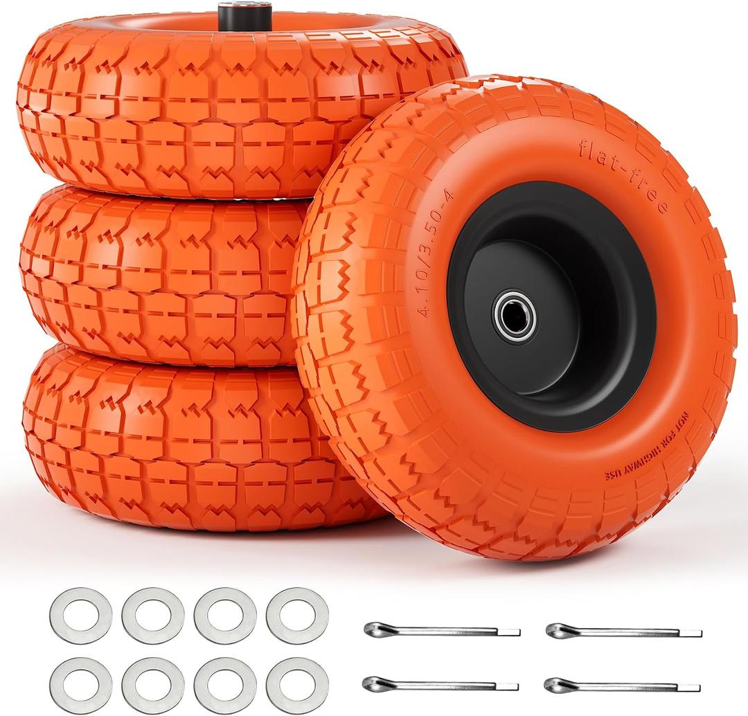 UPGRADED4.10 3.50-4 Tire and Wheel, 10 Inch Flat Free Tires 4 Pack with 5/8 Axle Bore Hole and Double Sealed Bearings, for Dolly Tires/Hand Truck/Dump Cart, 101