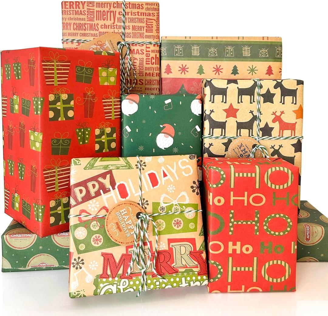 2 x Layninder Christmas Wrapping Paper, 8 Sheets Vintage Kraft Wrapping Paper w/Tags Stickers Rope, Xmas Paper w/Santa Reindeer Merry Christmas, Gift Paper for Holiday (27.6x19.7in, Folded)
