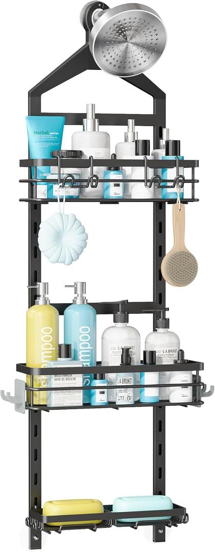 Nieifi Adjustable Hanging Shower Caddy with Soap Holder, Over The Shower Head Organizer with Hooks, Soap and Shampoo Rack for Bathroom, Black