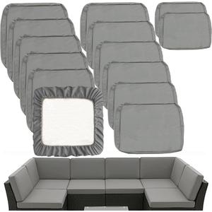 Sqodok Outdoor Cushion Covers Waterproof, 14Pcs Patio Cushion Slipcovers Replacement for 7Piece 6-Seater Rattan Wicker Sectional Couch Sofa, Washable Patio Furniture Seat and Back Covers Only, Grey