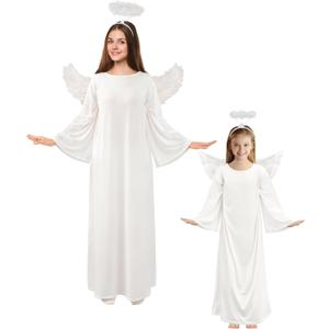 Toulite 2 Set Angel Costume for Woman Girls White Angel Gown with Headband White Wing Nativity Costume for Christmas, 2 Size, 110cm & 135cm