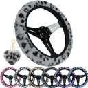 Leopard Steering Wheel Cover with Keychain, Elastic Fuzzy Fur Cheetah Car Steering Wheel Protector Women Girl Car Accessories Universal Fit 15 inch Fit Auto, Suvs, Truck- Gray