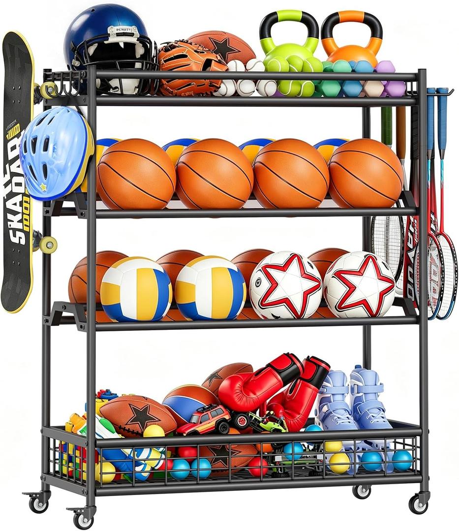 Garage Sports Equipment Organizer with Wheels, All-in-One Ball Storage