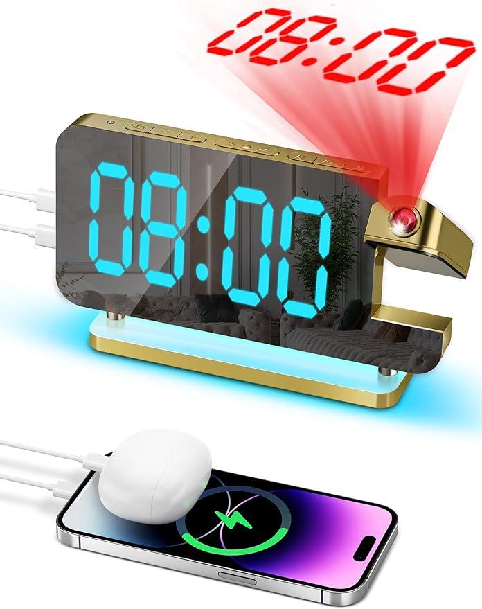 GoldenDigital Mirror Projection Clock, 6.5'' Display With 180 Ceiling Projection, 11 Colors & 6 Brightness Levels, Loud Alarm With USB C Port for Kids/Adults